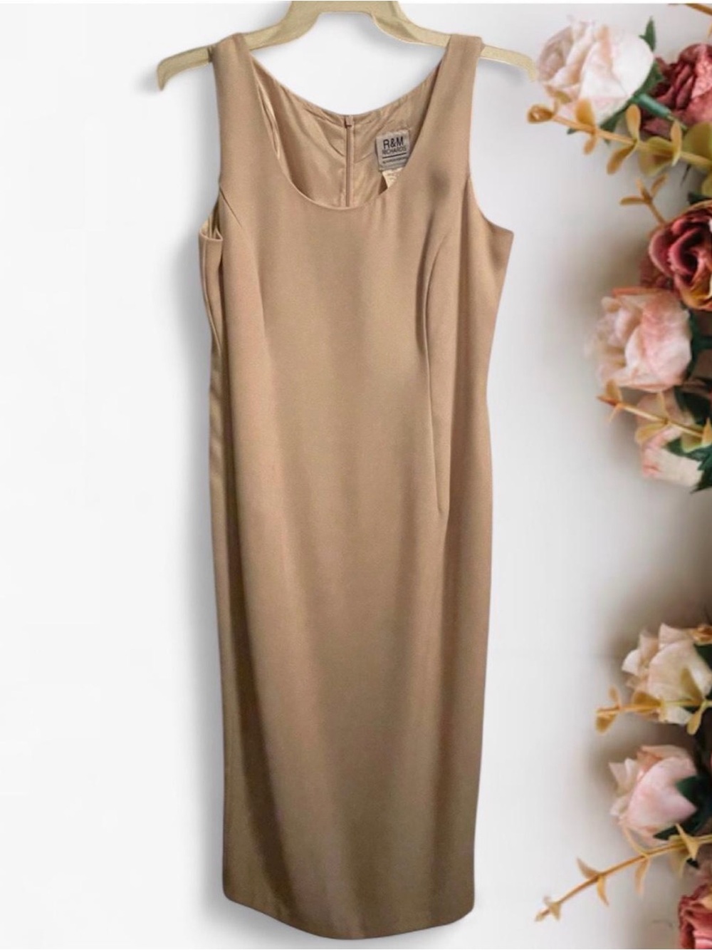 R&M Richards Sleeveless Taupe Midi Sheath Dress